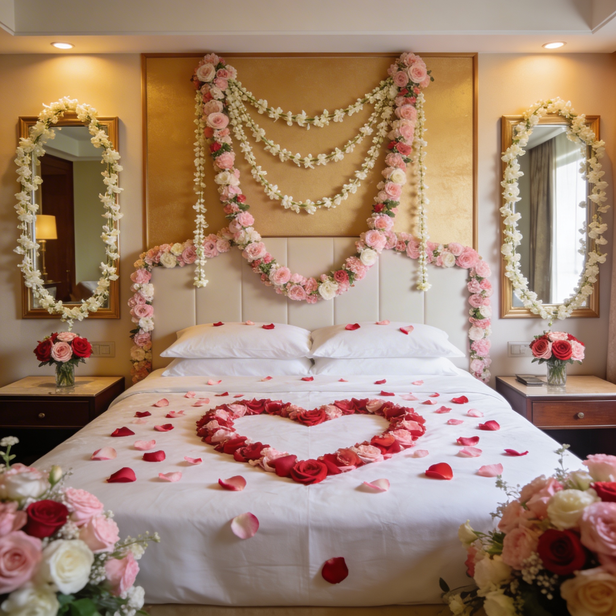 Hotel bridal suite decorated with rose petals