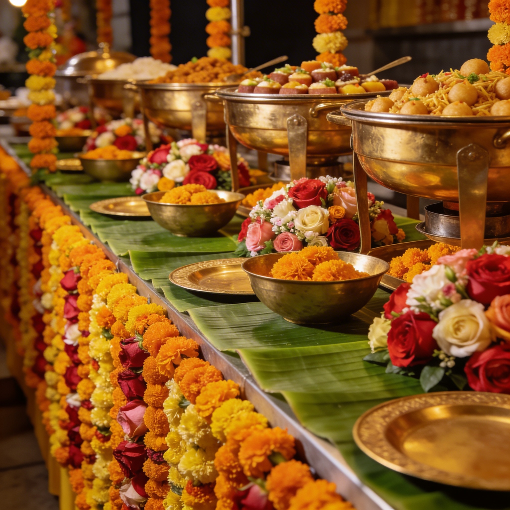 Wedding food counter decorated with marigold borders
