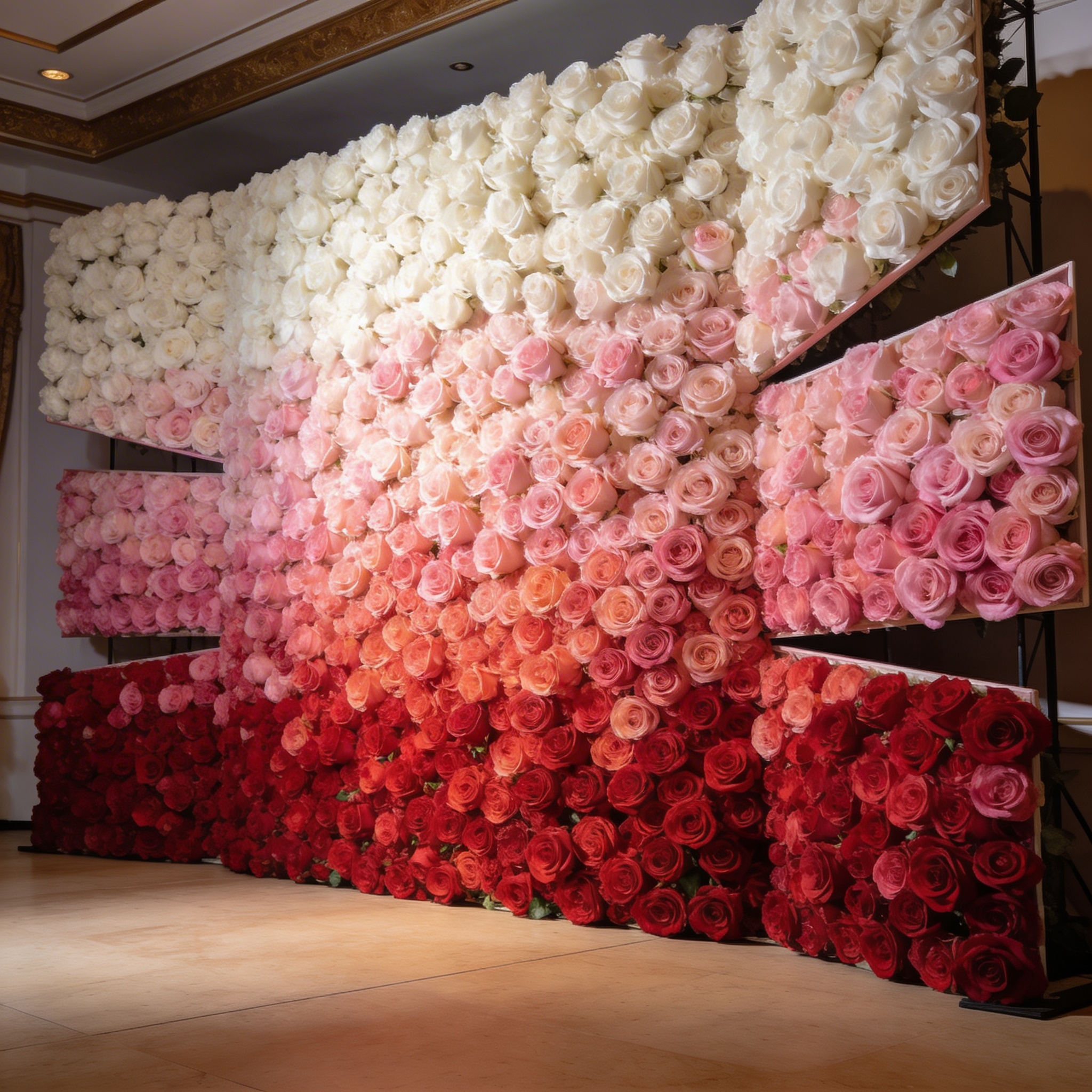 20-foot flower wall in gradient red to pink to white roses