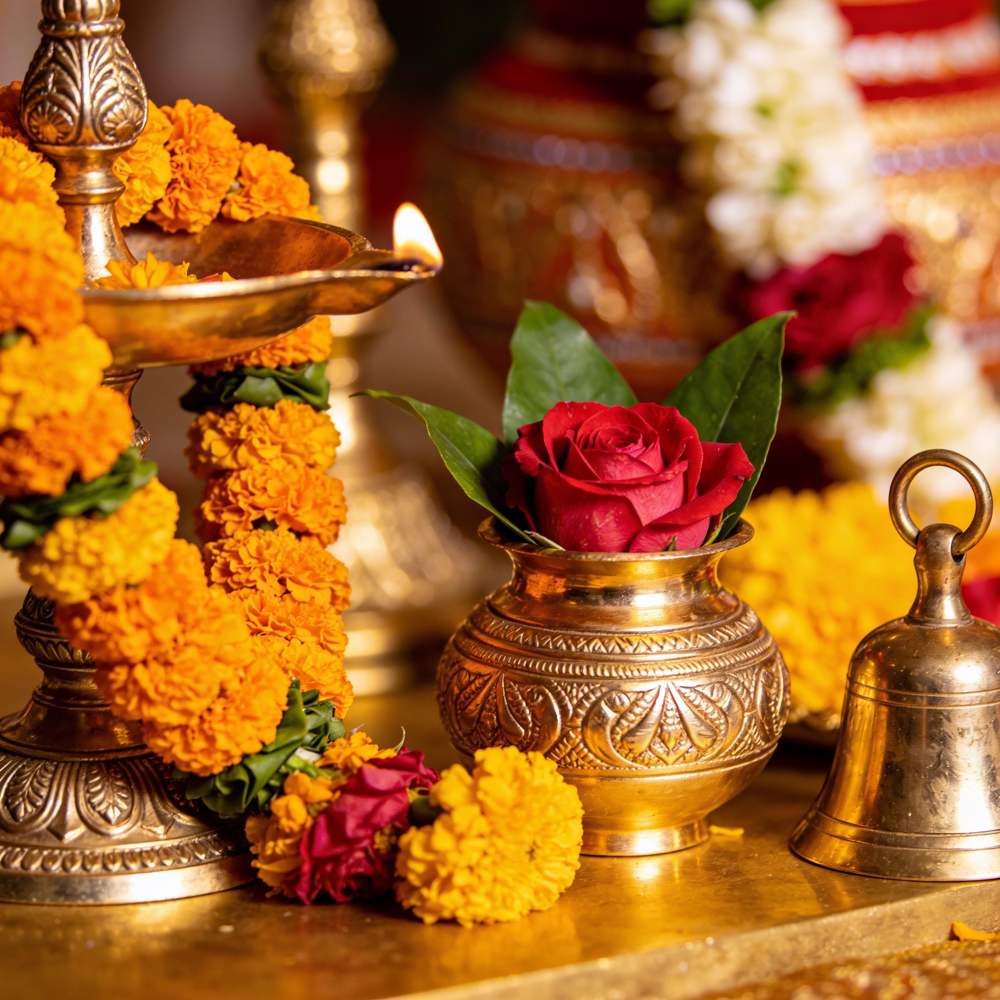 Close-up of brass diya stand with marigold garland