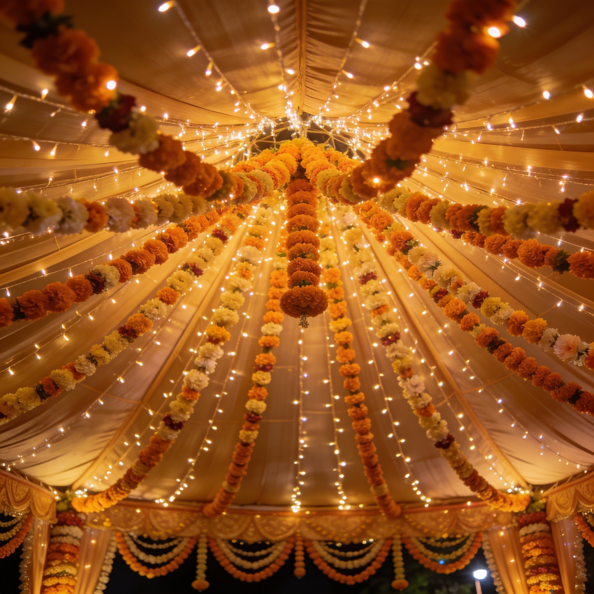 Wedding tent at night with fairy lights and garlands