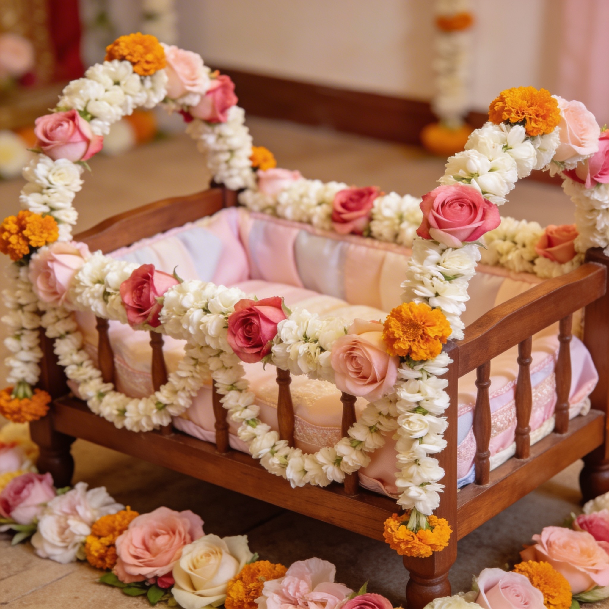 Indian naming ceremony cradle decorated with jasmine