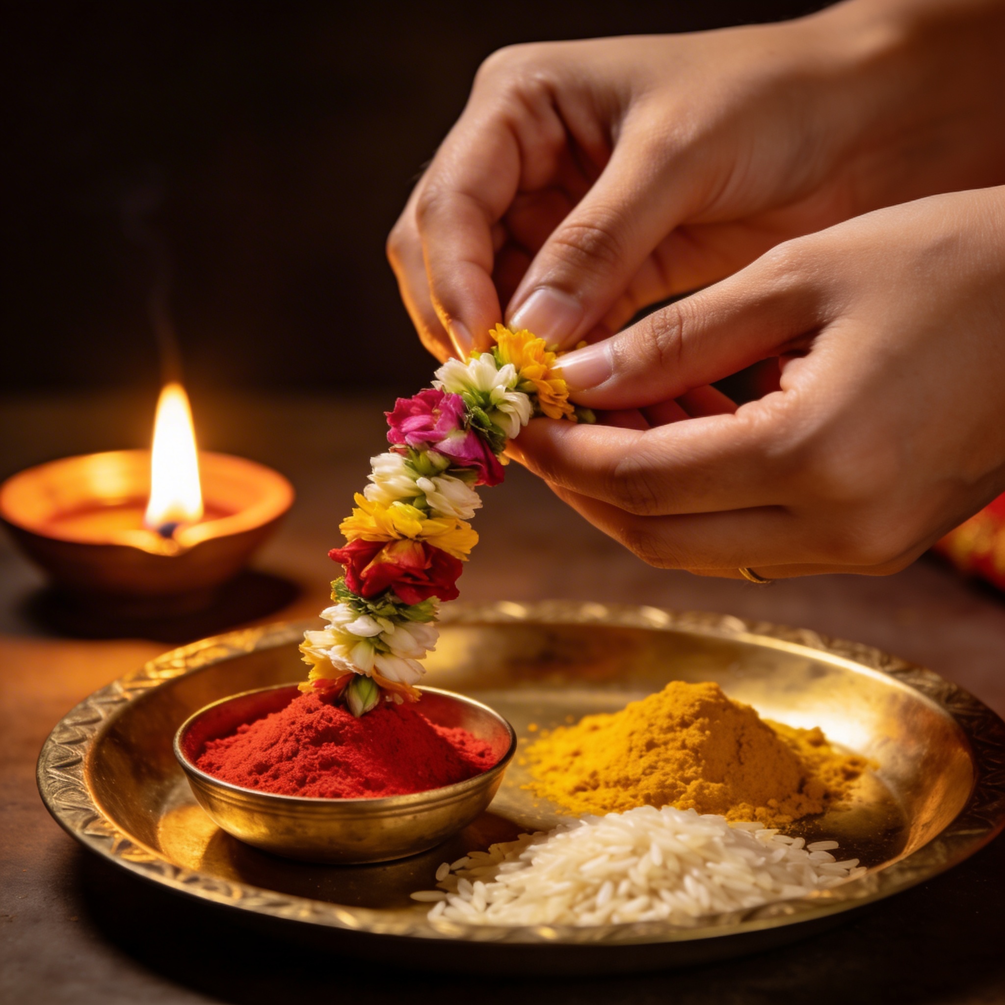 Gentle hands placing a garland onto a brass puja thali