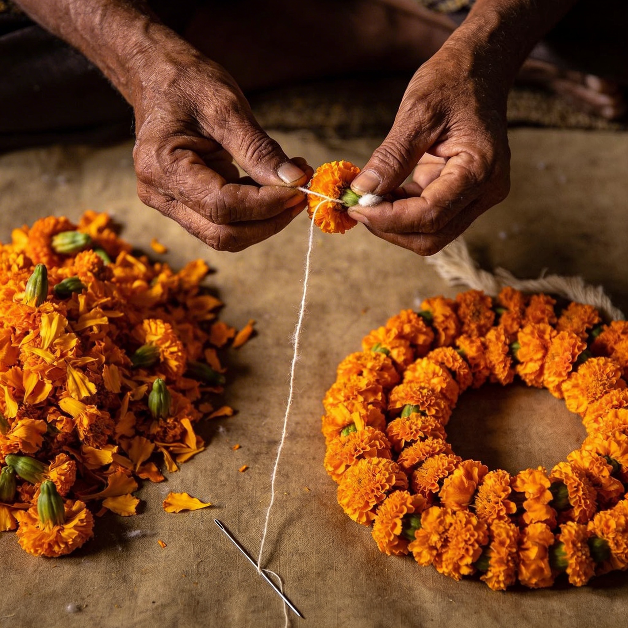 Close-up of skilled hands stringing fresh marigold flowers onto cotton thread