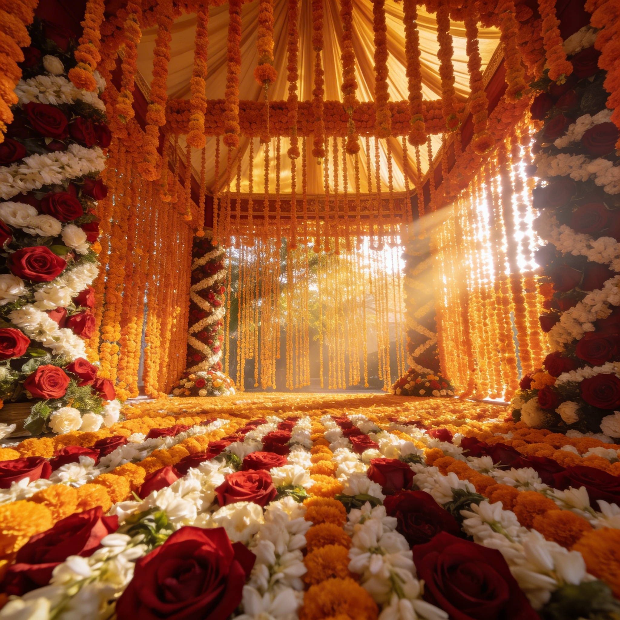 Grand wedding mandap completely covered in thousands of marigold garlands and rose arrangements, warm golden light