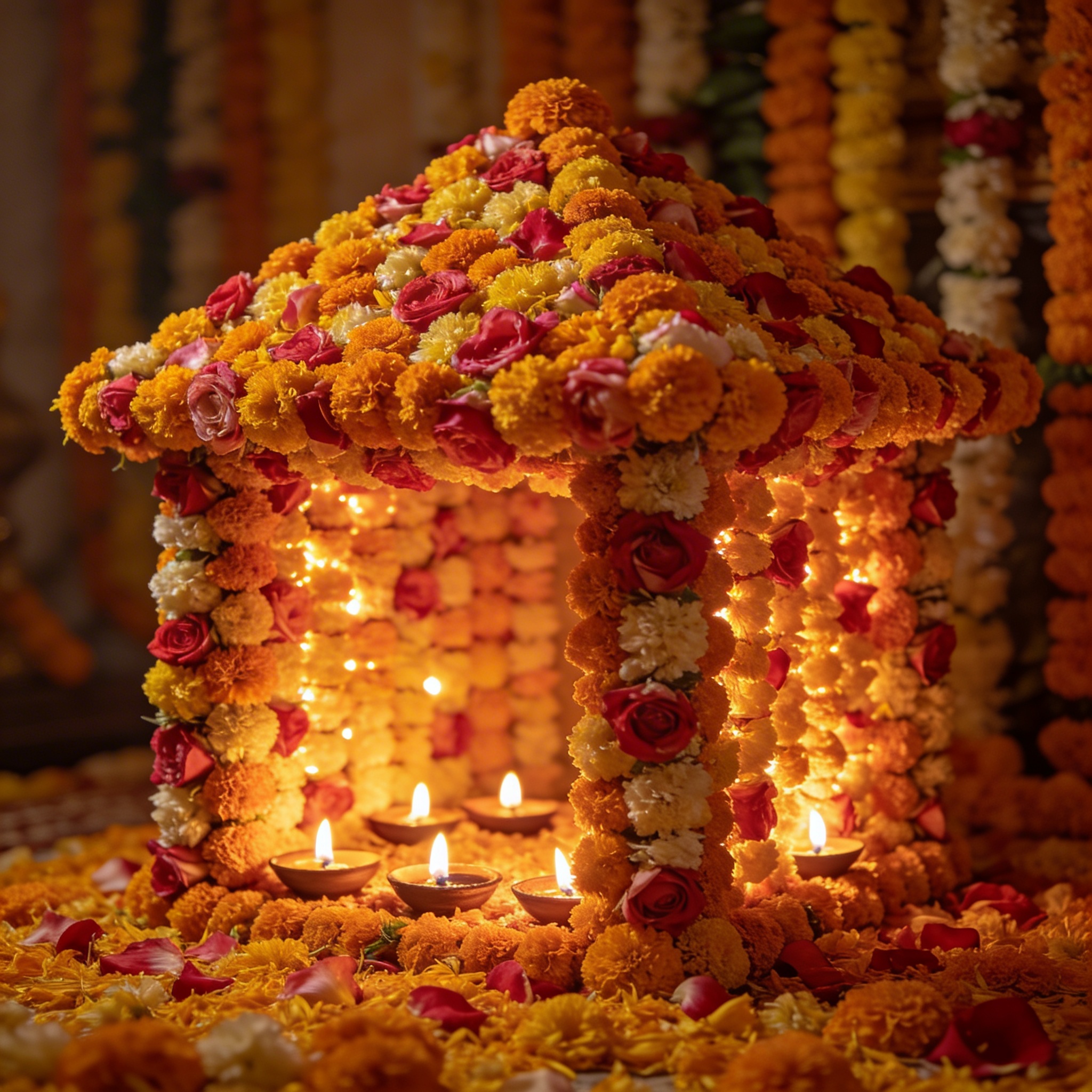 Elaborate flower house structure made entirely of fresh marigold and rose garlands