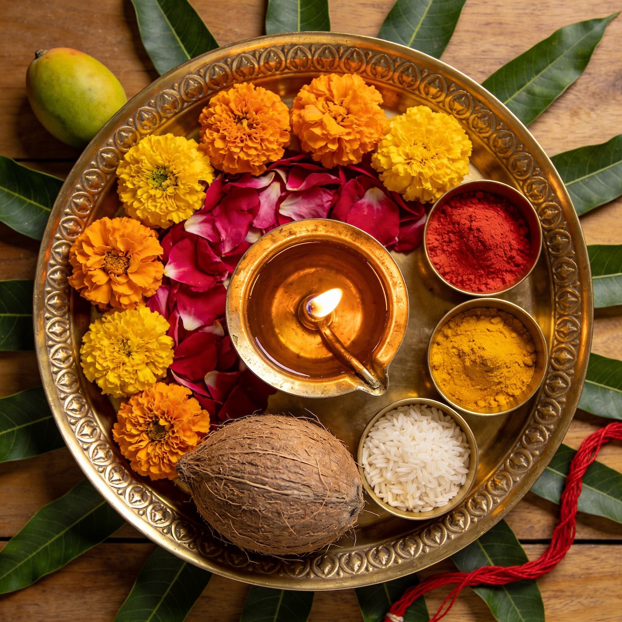 Brass puja thali with flowers and diya