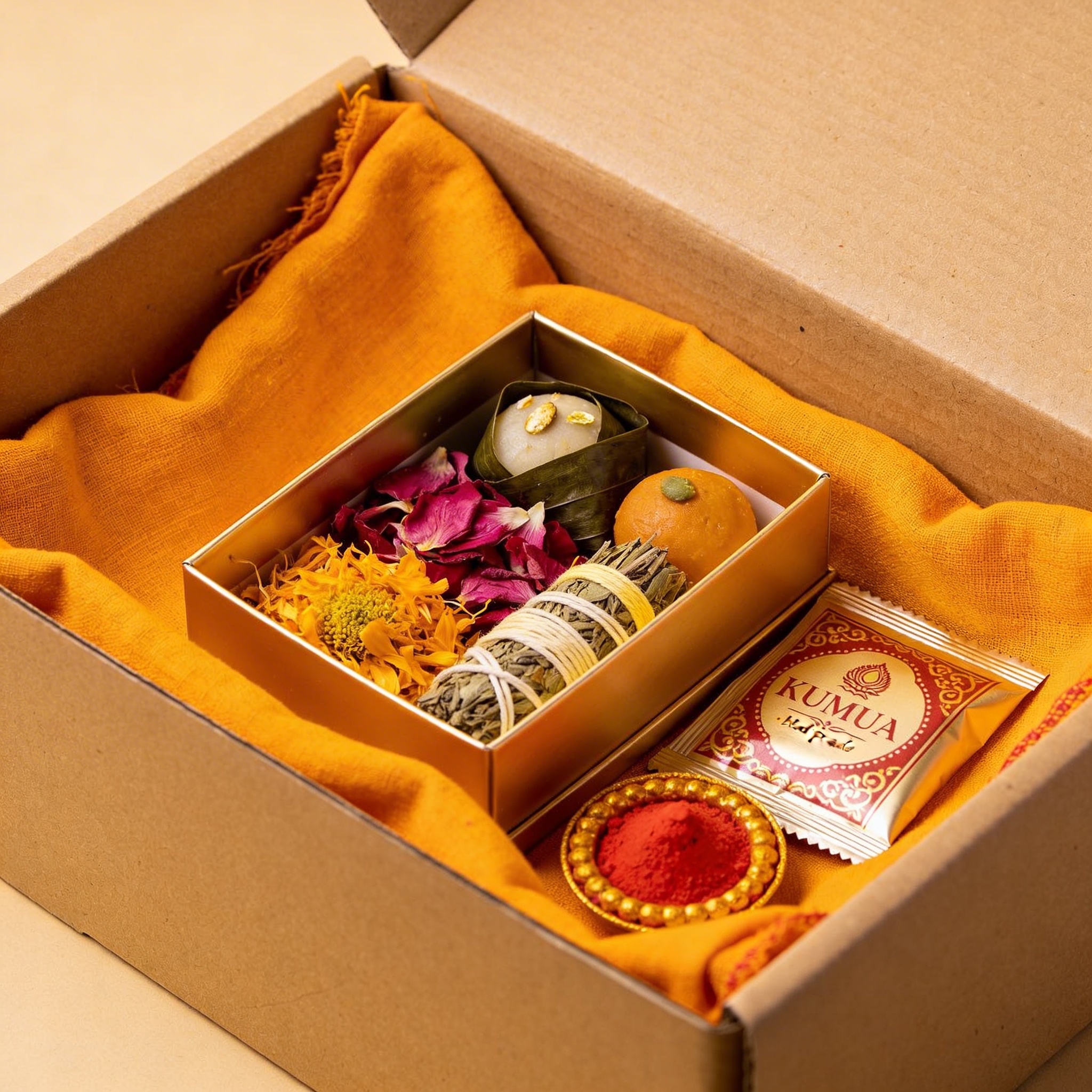 Elegant box containing blessed prasad items nestled in saffron cloth