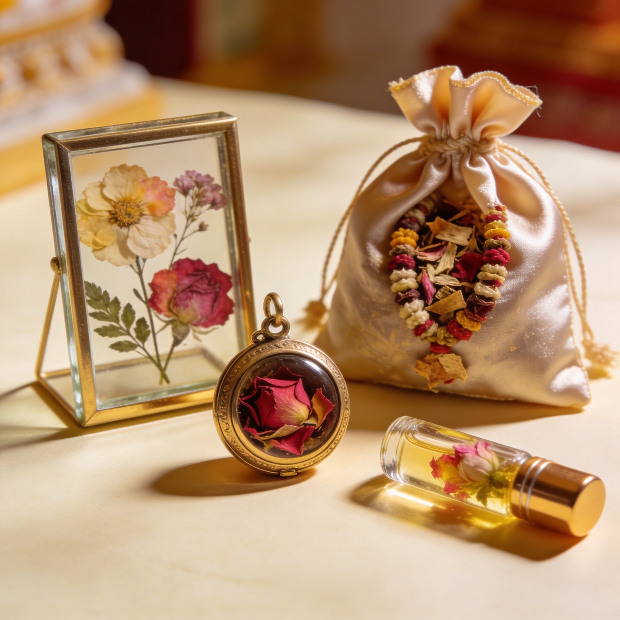 Collection of sacred flower souvenirs including pressed flowers and attar