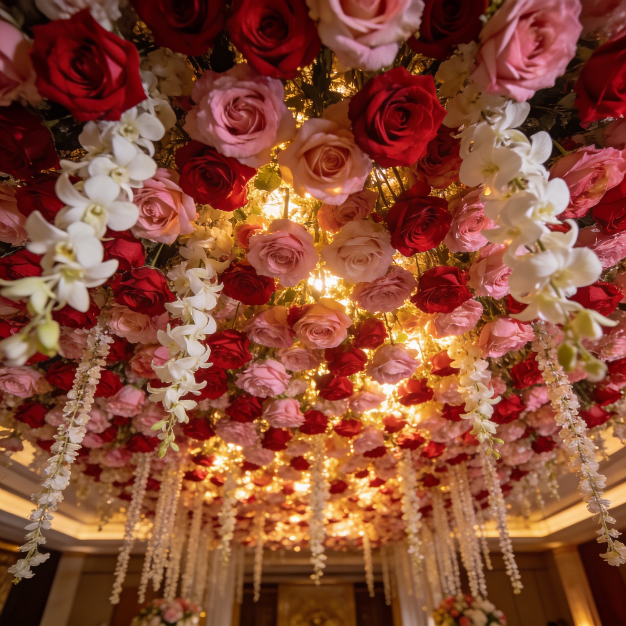 Wedding reception ceiling completely covered in hanging rose and rajnigandha flower arrangements