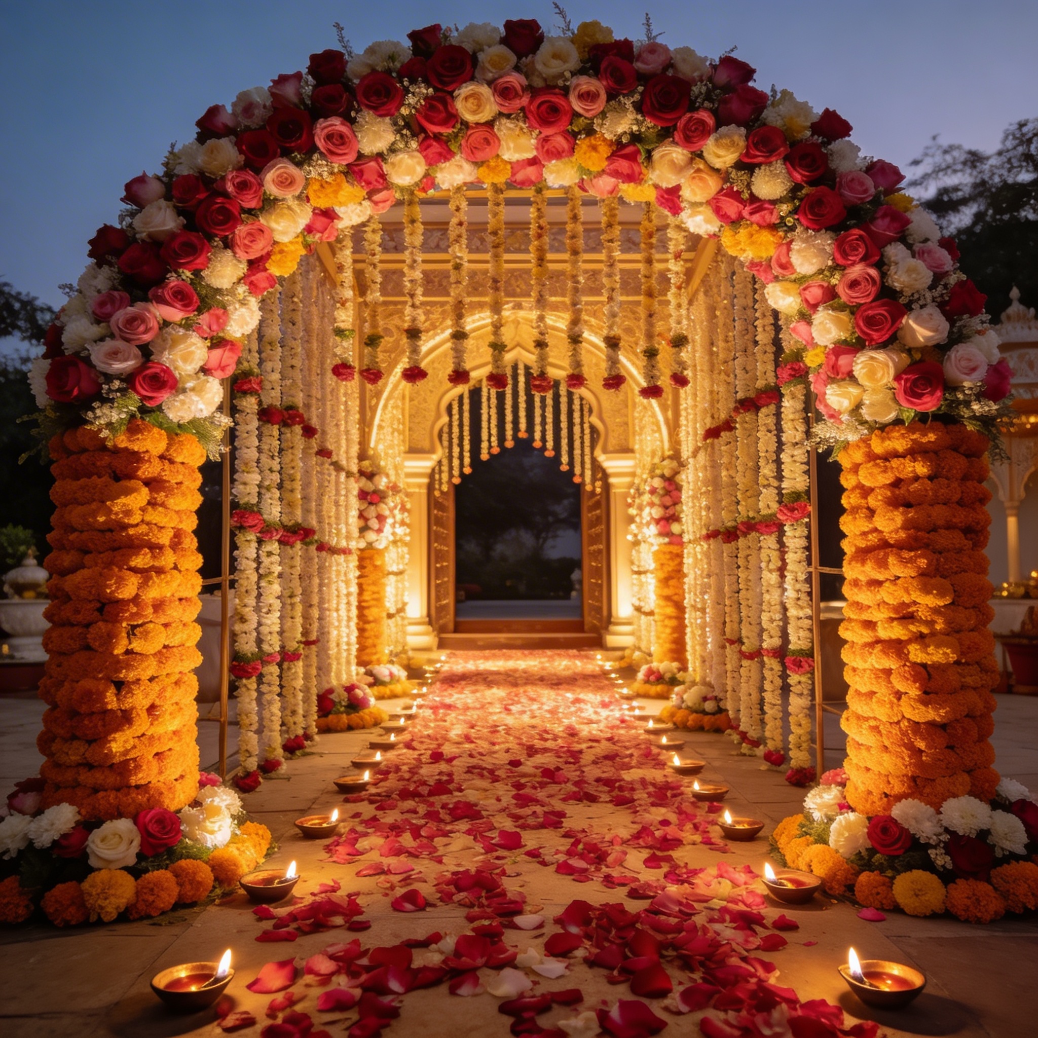 Grand flower-decorated entrance archway for an Indian wedding